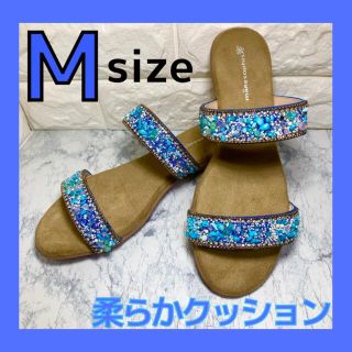 マーレマーレ デイリーマーケット(maRe maRe DAILY MARKET)のサンダル　キラキラ　ラインストーン　ブルー　ビジュー  ターコイズ  低反発　M(サンダル)