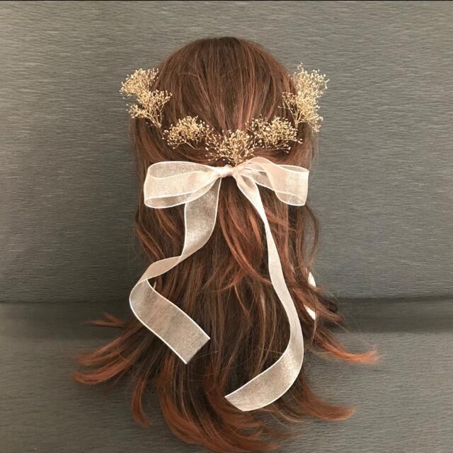 プリザーブドフラワー　髪飾り　リボン　かすみ草　結婚式　成人式　卒業式　花冠　 ハンドメイドのアクセサリー(ヘアアクセサリー)の商品写真