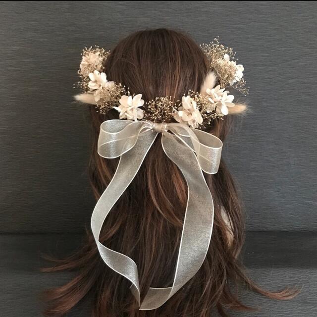 プリザーブドフラワー　髪飾り　リボン　かすみ草　紫陽花　結婚式　成人式　卒業式　 ハンドメイドのアクセサリー(ヘアアクセサリー)の商品写真