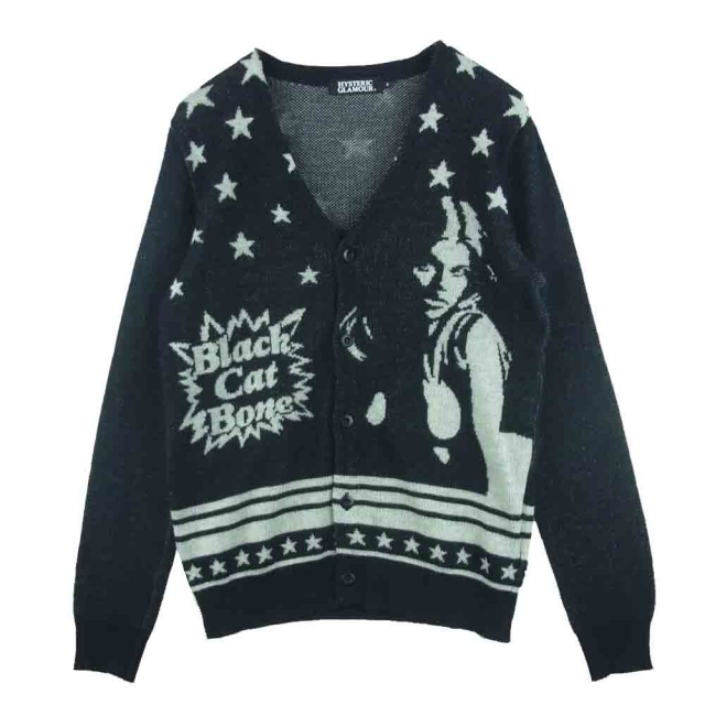 HYSTERIC GLAMOUR(ヒステリックグラマー)のHYSTERIC GLAMOUR ヒステリックグラマー 0233ND10 Black Cat Bone スター カーディガン 日本製 ブラック系 S【中古】 メンズのトップス(カーディガン)の商品写真