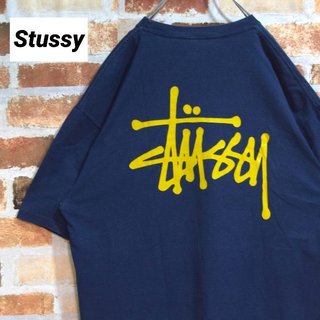 STUSSY ビッグロゴプリント　tシャツ デカロゴ　ネイビー　Lサイズ