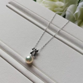 P107準花珠アコヤ真珠WGペンダント6.5~7.0㎜ダイヤ入り リボン