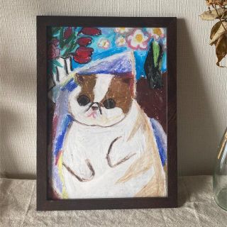 絵画 。壁掛け絵原画手描き【花瓶の中のきれいな花と太った猫】(絵画/タペストリー)