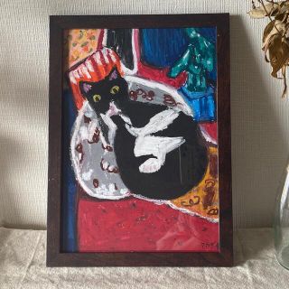フローラル 絵画。壁掛け絵原画手描き【黒猫たちはピアノとバイオリン