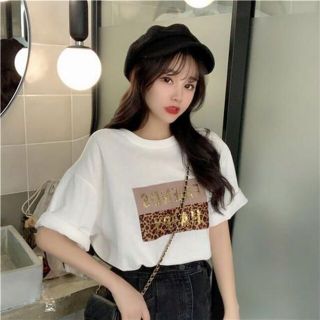  ボックス ロゴ 豹柄 ヒョウ柄 半袖 Tシャツ ビッグシルエット ホワイト(Tシャツ(半袖/袖なし))