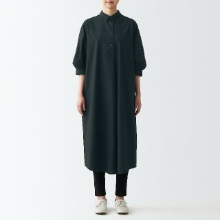 ムジルシリョウヒン(MUJI (無印良品))の【新品】  無印良品 ブロード七分袖ワンピース／Ｍ／黒(ひざ丈ワンピース)