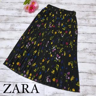 ザラ(ZARA)の【美品】ZARA スカート ロング丈 花柄 フラワー ブラック プリーツ(ロングスカート)