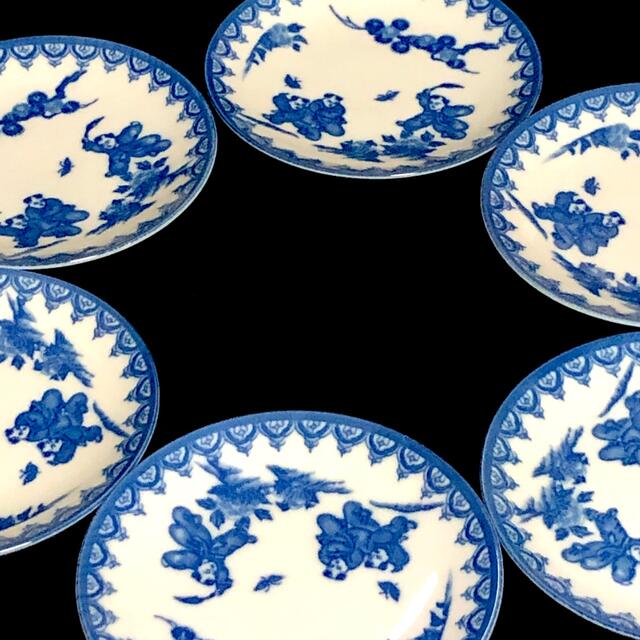 ＊【新品未使用】青絵　和皿　和食器　小皿　中皿　５枚　唐子　昭和レトロ　絵皿