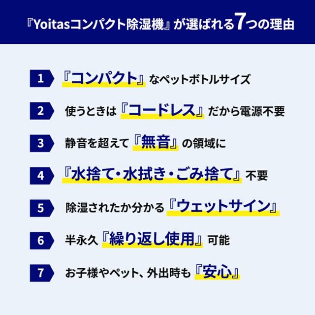 ヨイタスYoitasコンパクト除湿機（充電本体＋除湿ボトル4本） スマホ/家電/カメラの生活家電(加湿器/除湿機)の商品写真