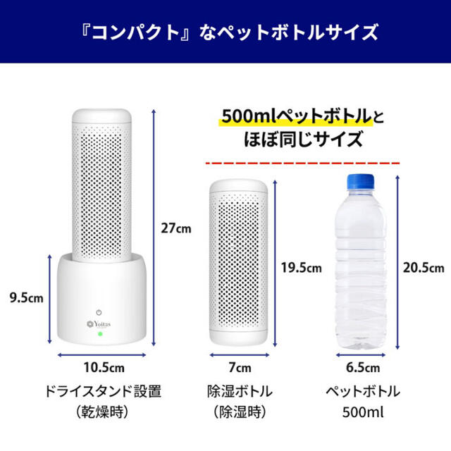 ヨイタスYoitasコンパクト除湿機（充電本体＋除湿ボトル4本） スマホ/家電/カメラの生活家電(加湿器/除湿機)の商品写真