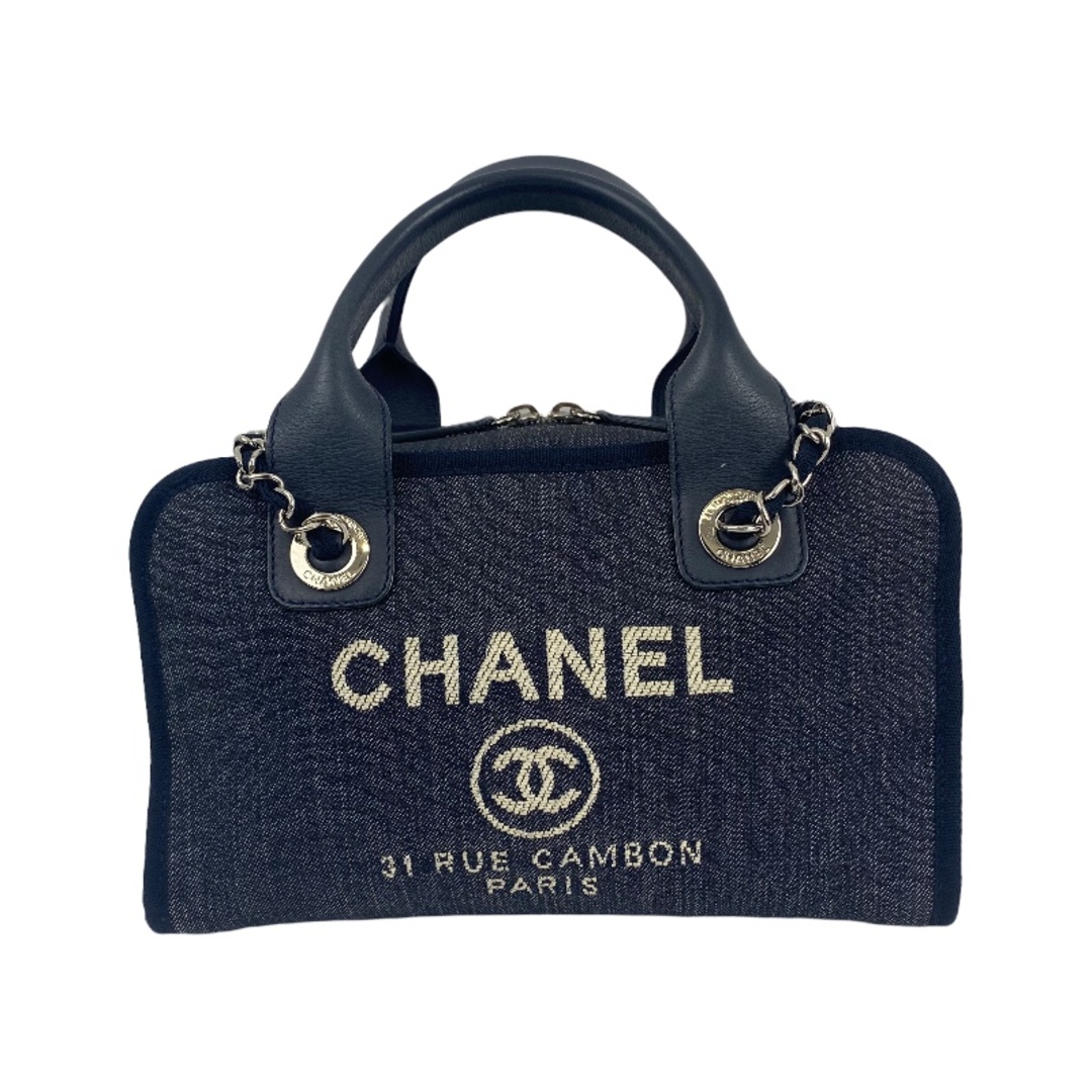 シャネル CHANEL ドーヴィル ボーリングバッグ A92749 ネイビー　シルバー金具 キャンバス/レザー  レディース ハンドバッグファスナー内側