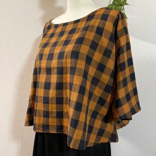 ハンドメイド　レディース　ショートブラウス　ワイドスリーブ　七分袖　クロップド丈(シャツ/ブラウス(長袖/七分))