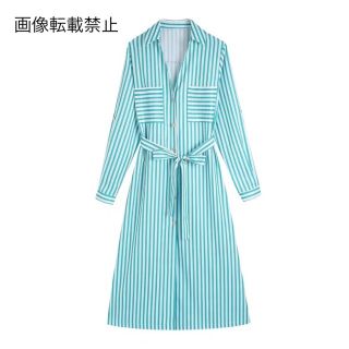 🍹7月新作🍨8514◇green グリーン ストライプ 柄 シャツワンピース(ひざ丈ワンピース)