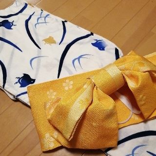 MH様専用 浴衣＋帯＋兵児帯150サイズ綿麻 セット 白浴衣 青×黄鳥(甚平/浴衣)