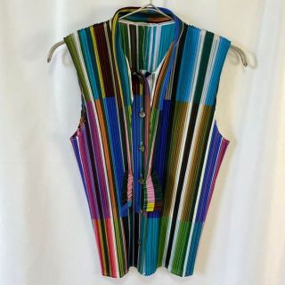 プリーツプリーズイッセイミヤケ(PLEATS PLEASE ISSEY MIYAKE)の【極美品】2003 PLEATS PLEASE ストライプ ノースリーブブラウス(シャツ/ブラウス(半袖/袖なし))