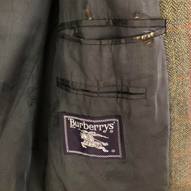 BURBERRY(バーバリー)の古着◆バーバリーズ　ツイードジャケット　グリーン系　裏地ロゴ メンズのスーツ(スーツジャケット)の商品写真