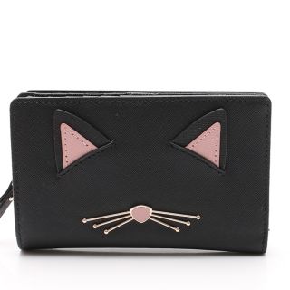 ケイトスペードニューヨーク(kate spade new york)のCAT'S MEOW CAT DARA 二つ折り財布 レザー 黒 ピンクベージュ(財布)