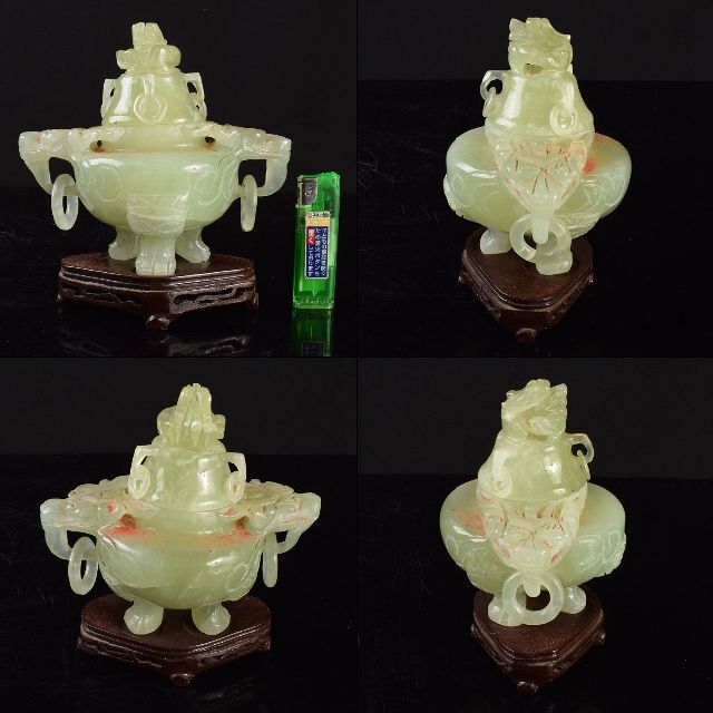 中国 玉石岫玉彫刻 雙耳活環 龍蓋爐 香炉 唐木台付 C R4738 - 彫刻