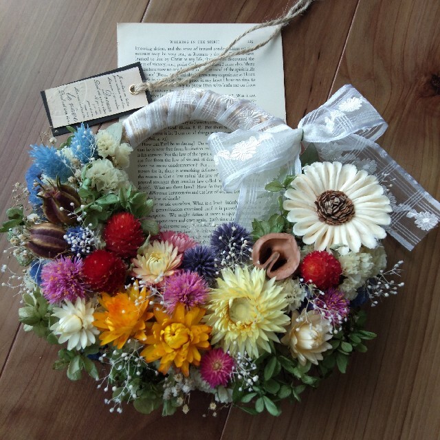数量は多 ドライフラワー ナチュラル花かごリース ♡ハンドメイド ...