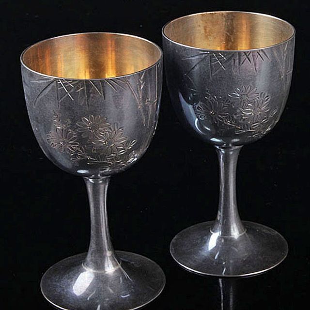 三越純銀製　彫金菊竹刻　洋酒杯一對 　合計約218g　D　R4745 1
