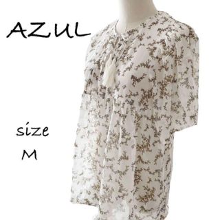 アズールバイマウジー(AZUL by moussy)の■極美品■AZULアズール ボタニカル柄 リボンタイネックラインふわりカットソー(シャツ/ブラウス(半袖/袖なし))