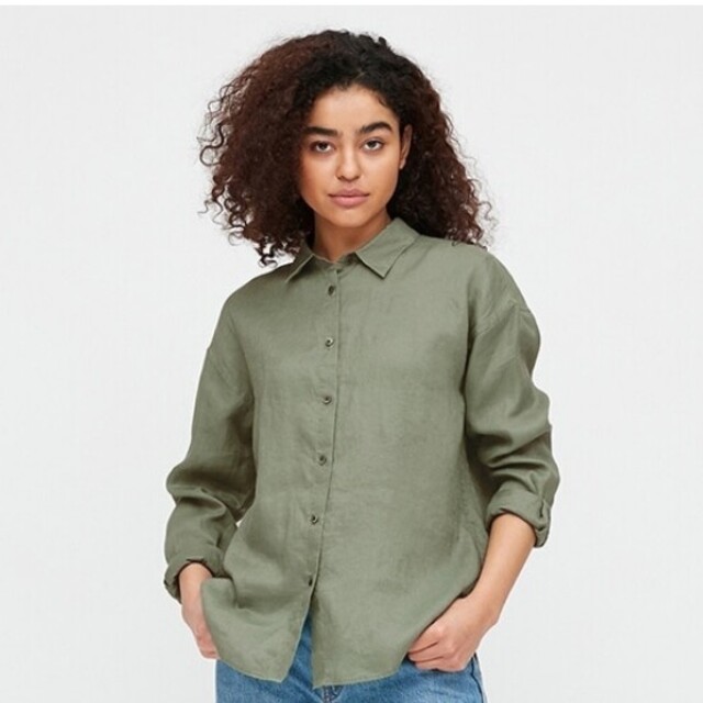 UNIQLO(ユニクロ)のUNIQLO プレミアムリネンシャツ 3XL グリーン 未使用 長袖 レディースのトップス(シャツ/ブラウス(長袖/七分))の商品写真