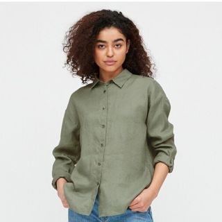 ユニクロ(UNIQLO)のUNIQLO プレミアムリネンシャツ 3XL グリーン 未使用 長袖(シャツ/ブラウス(長袖/七分))