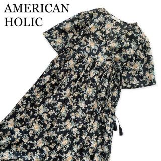 アメリカンホリック(AMERICAN HOLIC)の【美品】アメリカンホリック　5分袖カシュクールガウンワンピース　花柄　ブラック(ロングワンピース/マキシワンピース)