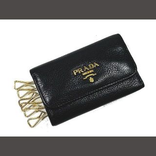 プラダ(PRADA)のプラダ PRADA ロゴ入り ゴールド金具 グレインレザー 6連 キーケース 黒(名刺入れ/定期入れ)