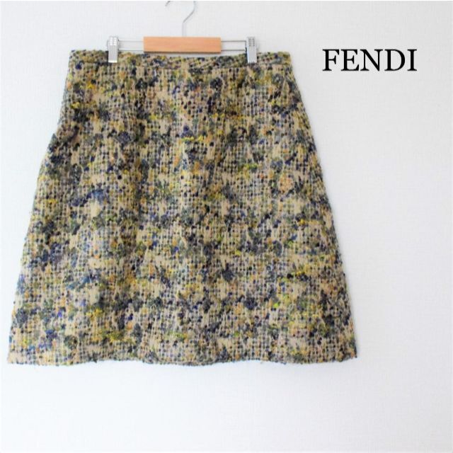美品 フェンディ 裏地シルク100% ツイード 膝丈 台形 フレア スカート
