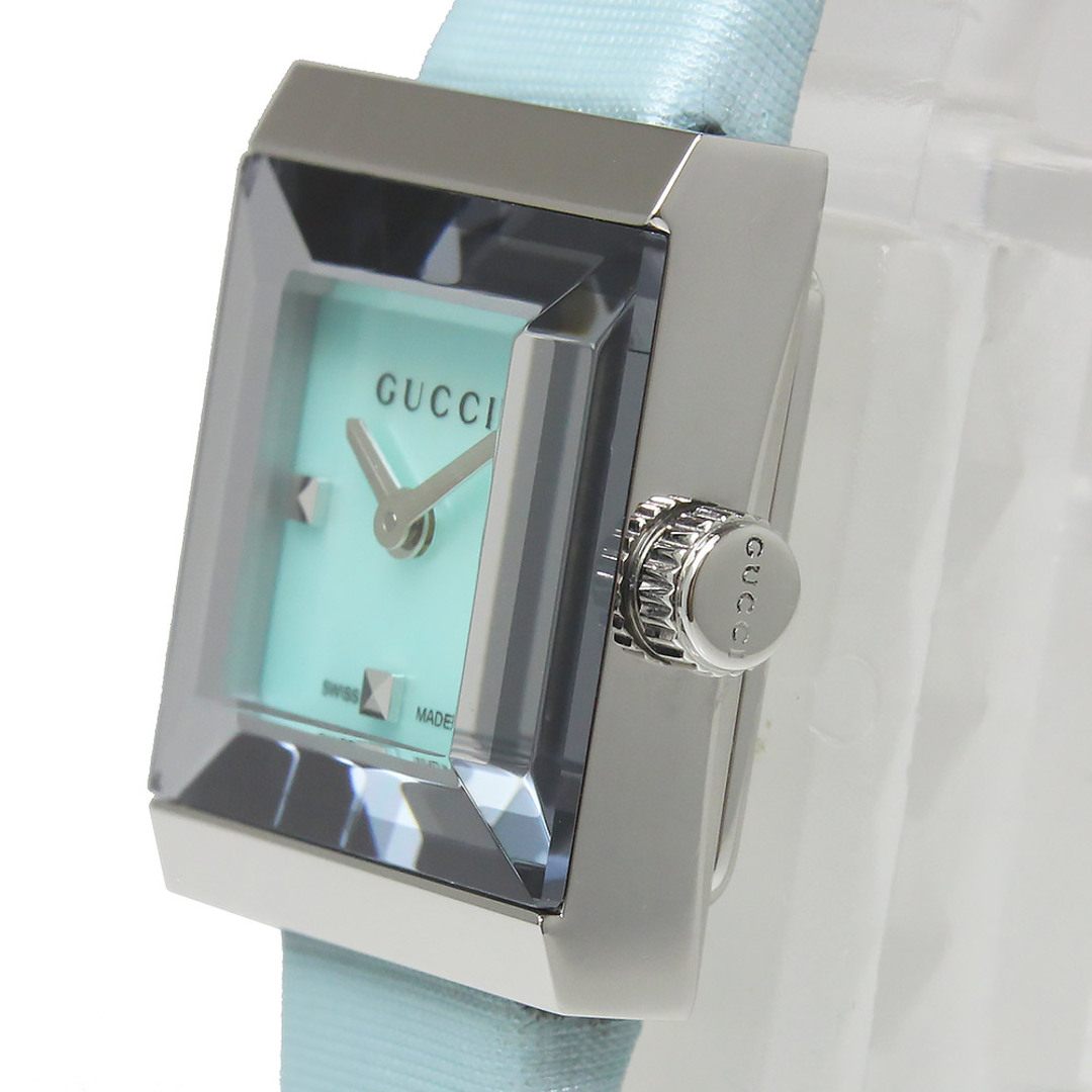 グッチ Gフレーム スクエア クオーツ 腕時計 サテンレザー ライトブルー 青 128.5 YA128531 箱付 訳あり GUCCI(未使用 展示品)