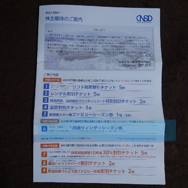 最新　日本スキー場開発 株主優待 チケットの施設利用券(スキー場)の商品写真