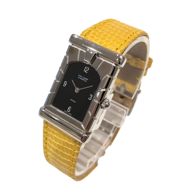最新最全の ファサード ヴァンクリーフ＆アーペル ステンレススチール×リザード純正ベルト ヴァンクリ  稼働品 クォーツ レディース腕時計 黒文字盤 腕時計