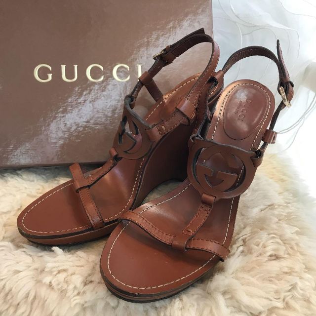 GUCCI ウェッジソール サンダル GGロゴ バックストラップ付 約25cm
