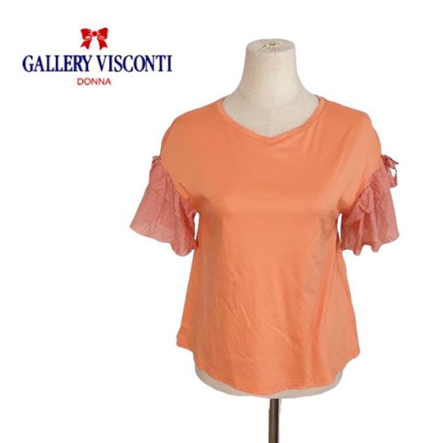 GALLERY VISCONTI(ギャラリービスコンティ)のギャラリービスコンティ　トップス　オレンジ　半袖　ギンガムチェック　リボン　2 レディースのトップス(Tシャツ(半袖/袖なし))の商品写真