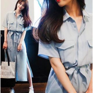 アズールバイマウジー(AZUL by moussy)のシャツ風　ワンピース　膝丈　ロング　妊婦　ランチ　韓国　夏　半袖(ひざ丈ワンピース)