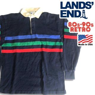 ランズエンド(LANDS’END)の80s - 90s USA製 ランズエンド ラグビーシャツ ネイビー L(ポロシャツ)