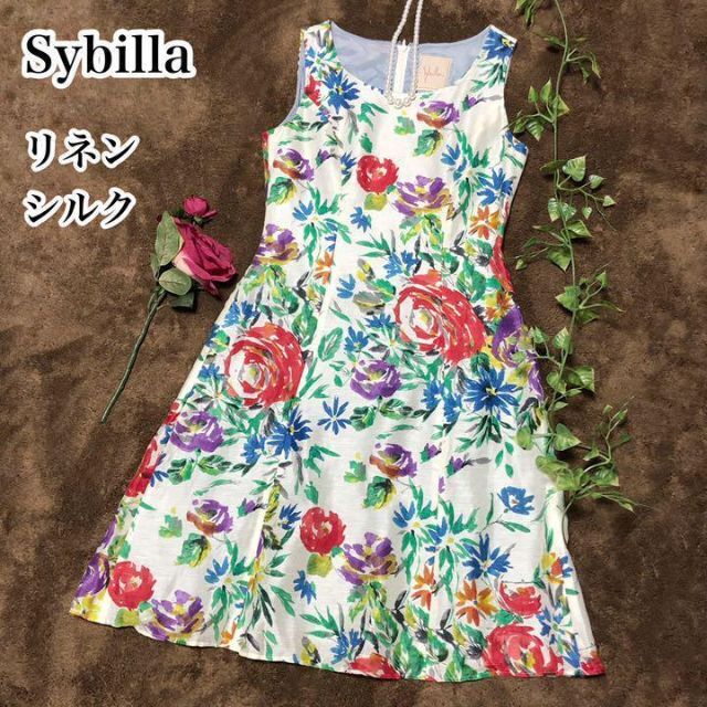 Sybilla(シビラ)のリネン/シルク♡シビラ 花柄 ノースリーブ フレア ワンピース Sybilla レディースのワンピース(ひざ丈ワンピース)の商品写真