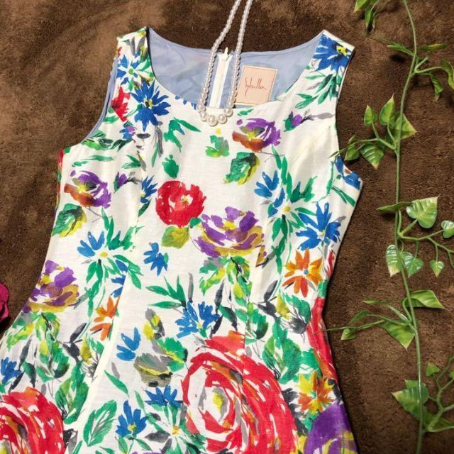 リネン/シルク♡シビラ 花柄 ノースリーブ フレア ワンピース Sybilla