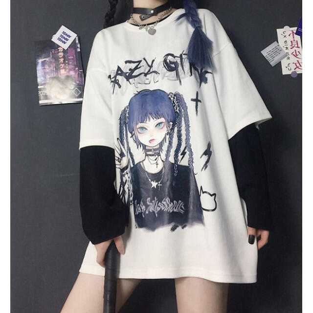 闇かわ Tシャツ 白 Lサイズ ロリータ かわいい ロング丈 半袖 ゴスロリ レディースのトップス(Tシャツ(半袖/袖なし))の商品写真