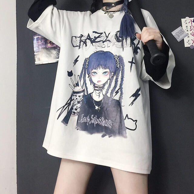 闇かわ Tシャツ 白 Lサイズ ロリータ かわいい ロング丈 半袖 ゴスロリ レディースのトップス(Tシャツ(半袖/袖なし))の商品写真