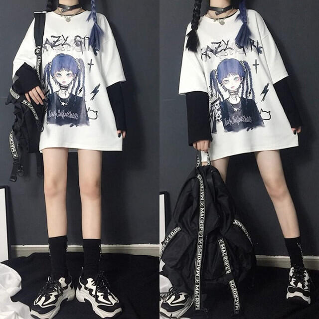 闇かわ Tシャツ 白 Lサイズ ロリータ かわいい ロング丈 半袖 ゴスロリ レディースのトップス(Tシャツ(半袖/袖なし))の商品写真