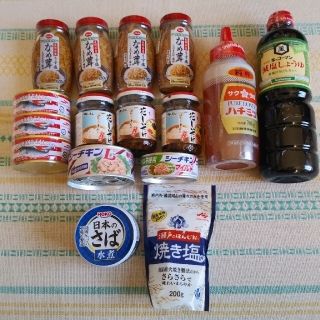 食品17点　蜂蜜　減塩醤油　なめ茸　花しいたけ　ｼｰﾁｷﾝ　鮭水煮　鯖水煮　焼塩(その他)