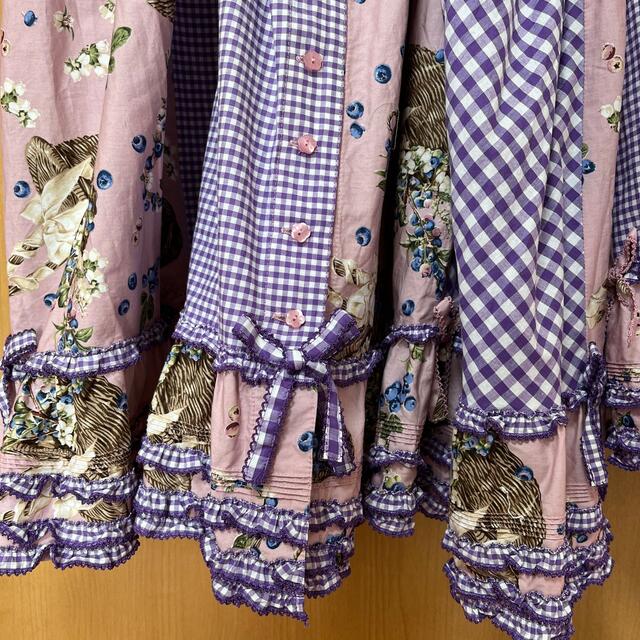 PINK HOUSE(ピンクハウス)のピンクハウス　ブルーベリーファーム柄吊りスカート　ピンクパープル　ギンガム　紫 レディースのスカート(ロングスカート)の商品写真