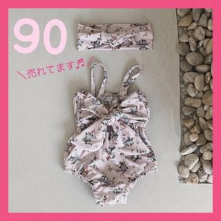 ★SALE★女の子 花柄水着 リボン ライトベージュ 90 ヘアバンド 付き(水着)