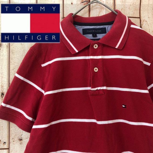 TOMMY HILFIGER(トミーヒルフィガー)の【美品】トミーヒルフィガー　赤　レッド　ボーダー　半袖　ポロシャツ メンズのトップス(ポロシャツ)の商品写真