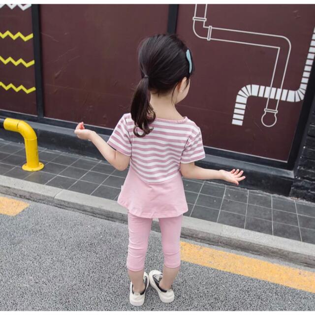 韓国風 可愛い ぺプラム型ボーダートップス+レギンス セットアップ イエロー 韓国 キッズ 女の子 レースTシャツ+レギンス セットアップ イエロー