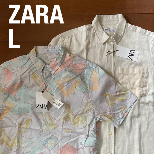 新品未使用タグ付き L ZARAシャツ2枚組 白 カラフル パネル柄アロハシャツ