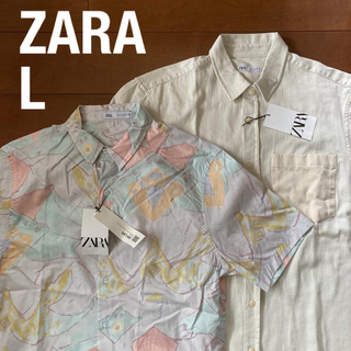 ザラ(ZARA)の新品未使用タグ付き L ZARAシャツ2枚組 白 カラフル パネル柄アロハシャツ(シャツ/ブラウス(半袖/袖なし))