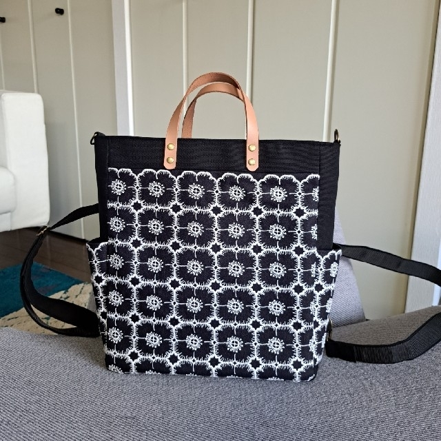 handmade∞ミナペルホネン アネモネ×タンバリン*navy 巾着バッグ-
